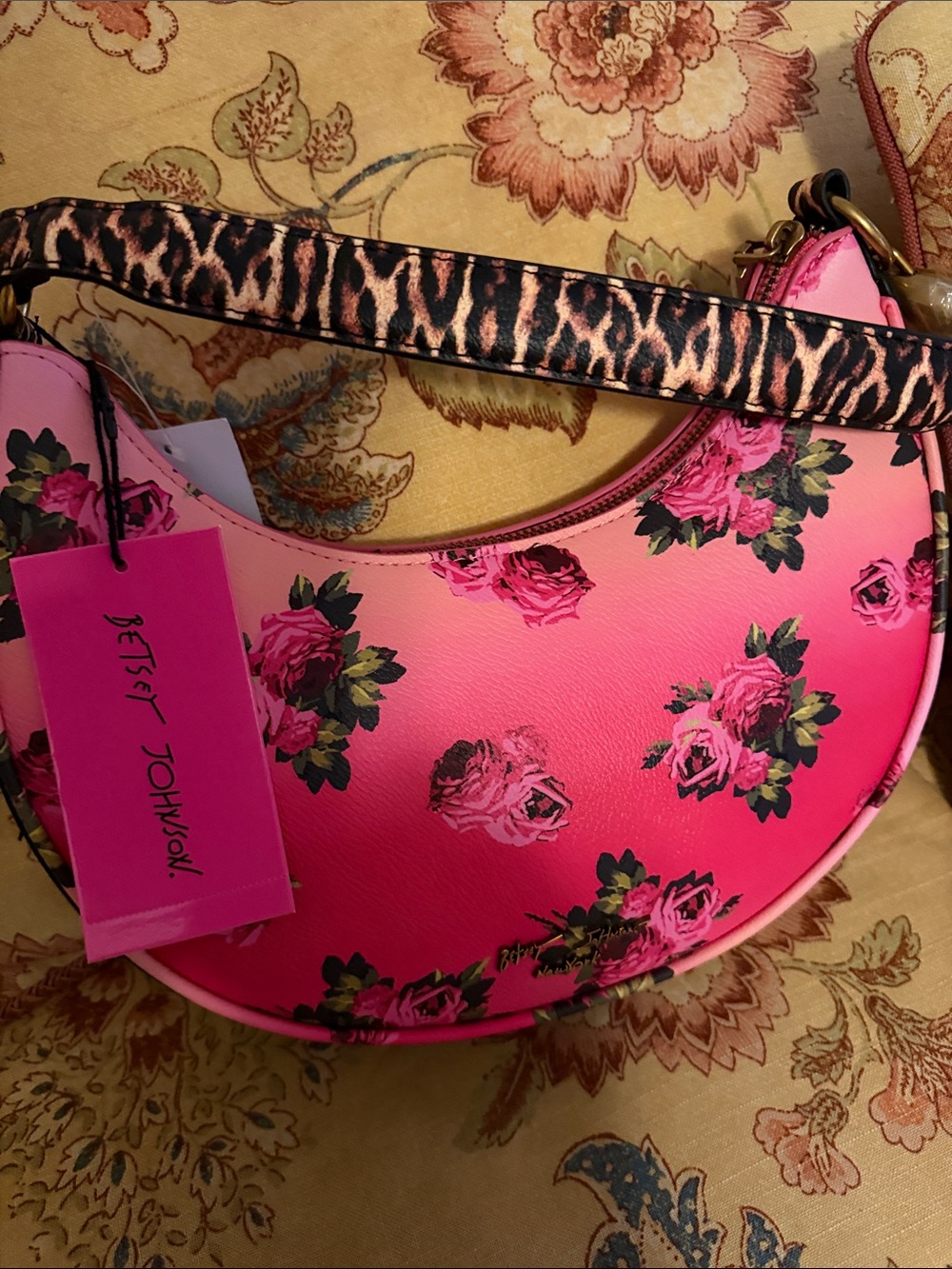 Betsey Johnson Hot Pink Floral Crescent Shoulder Bag with Leopard Strap